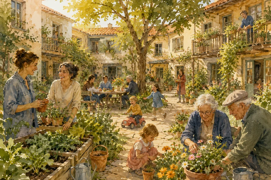 Watercolour illustration of a shared cohousing courtyard, neighbours of all ages gardening together
