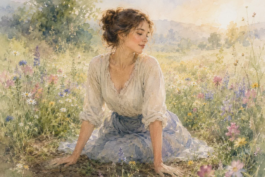 Watercolour illustration of a young woman sitting in a meadow, hands in the earth, moving from worry to calm