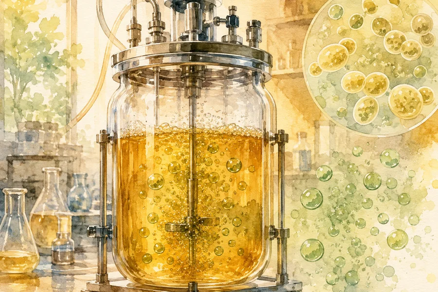 Watercolour illustration of a European biotechnology laboratory, natural light, glass fermentation tanks, two researchers in white coats at work, palette of greens and ambers, serene and scientific atmosphere