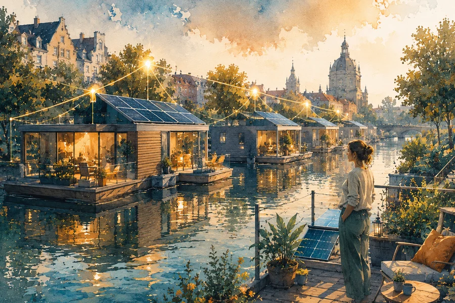 Watercolour illustration of a European floating neighbourhood with solar panels on pontoon houses, fine luminous lines connecting the rooftops, calm canal in natural daylight, amber and teal palette, contemporary style