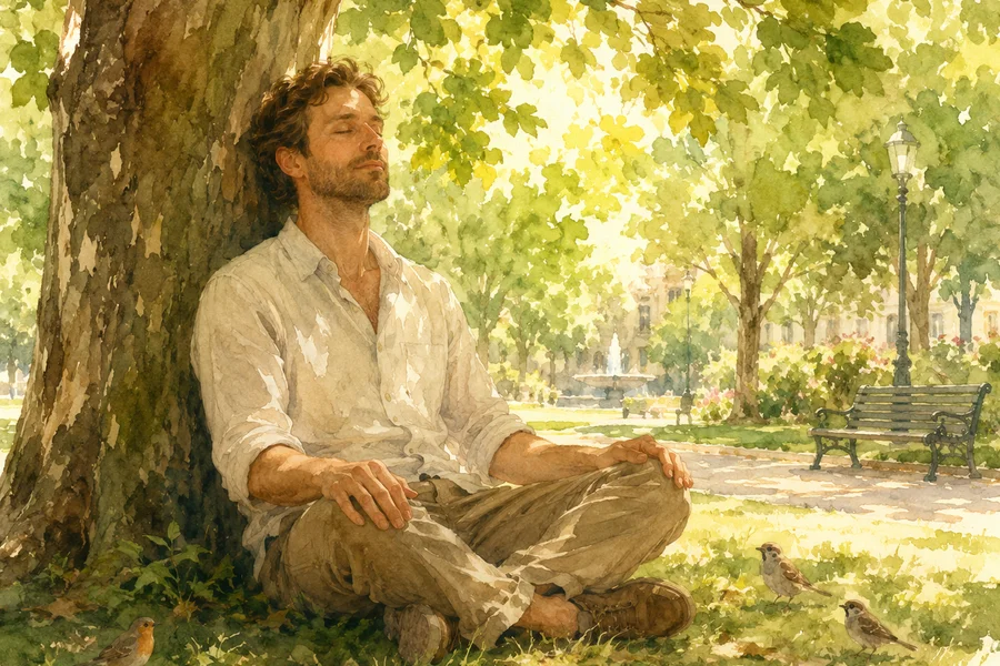European man sitting at the foot of a tree in a park, eyes closed, inner calm, light filtered through leaves, watercolour illustration