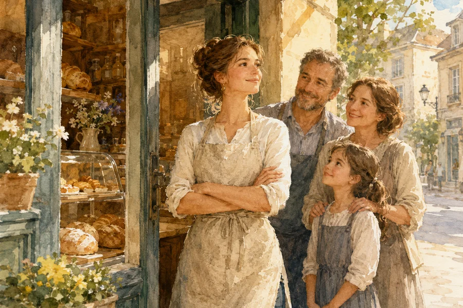 Watercolour illustration of a young European woman opening her own neighbourhood bakery, a sense of dignity and fresh start
