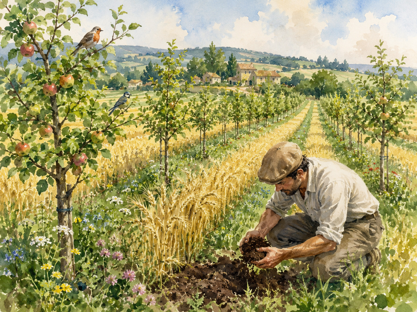 French agroforestry field with rows of young apple trees between wheat crops, farmer inspecting healthy soil, birds perched on branches, vibrant living landscape, watercolour illustration